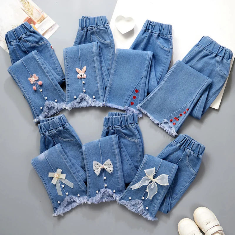 Girls Blue Jeans for Children's Fashion Clothing Princess Kids Denim Wide-leg Pants Baby Teens Girl Flared Bow Applique Trousers