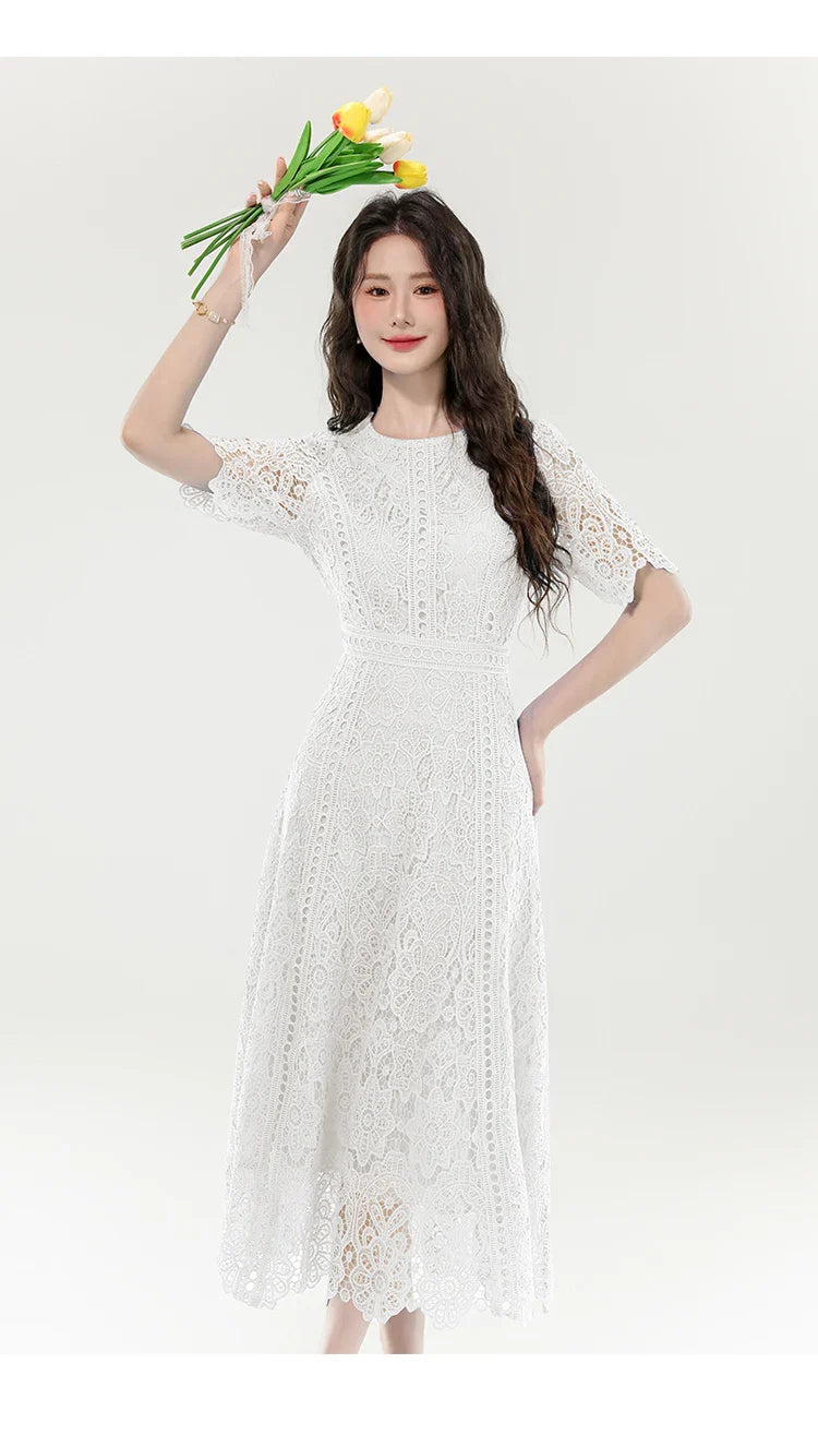High Quality Lace Hollow Out Women Long Elegant Office Dress Summer French Chic Casual Vintage Purple Short Sleeve A-line Dress