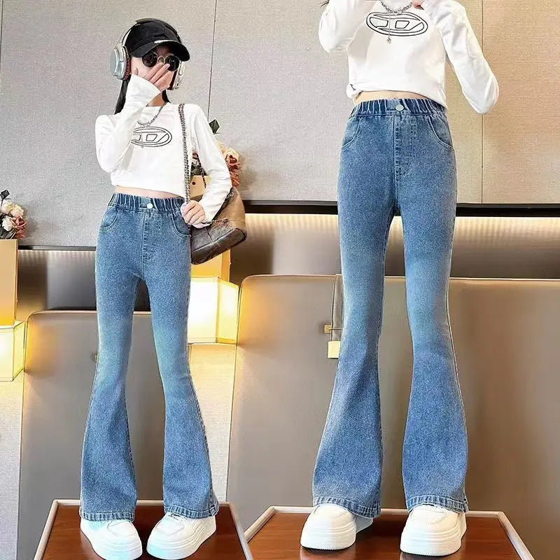 Kids Classic Vintage Blue Flared Jeans for Teens Girl Fashion Bootcut Denim Pants Tweens Child Casual Boot Cut Jeans Trousers