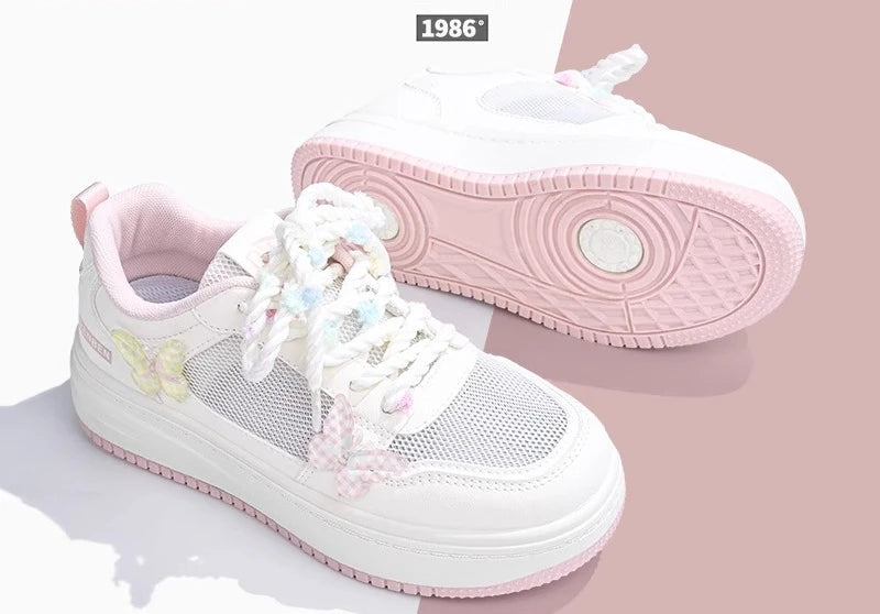 2025 Spring Summer New Versatile White Shoes Mesh Breathable Butterfly Embroidery Thin Height-Increasing Flat Sneakers