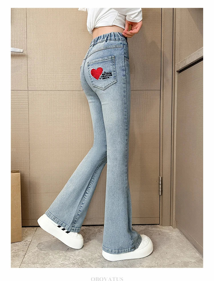 Child Slim Close-fitting Heart Pattern Flared Jeans For Girls Elegant Boot Cut Denim Leggings Pants Kids Fashion Jeans Trousers