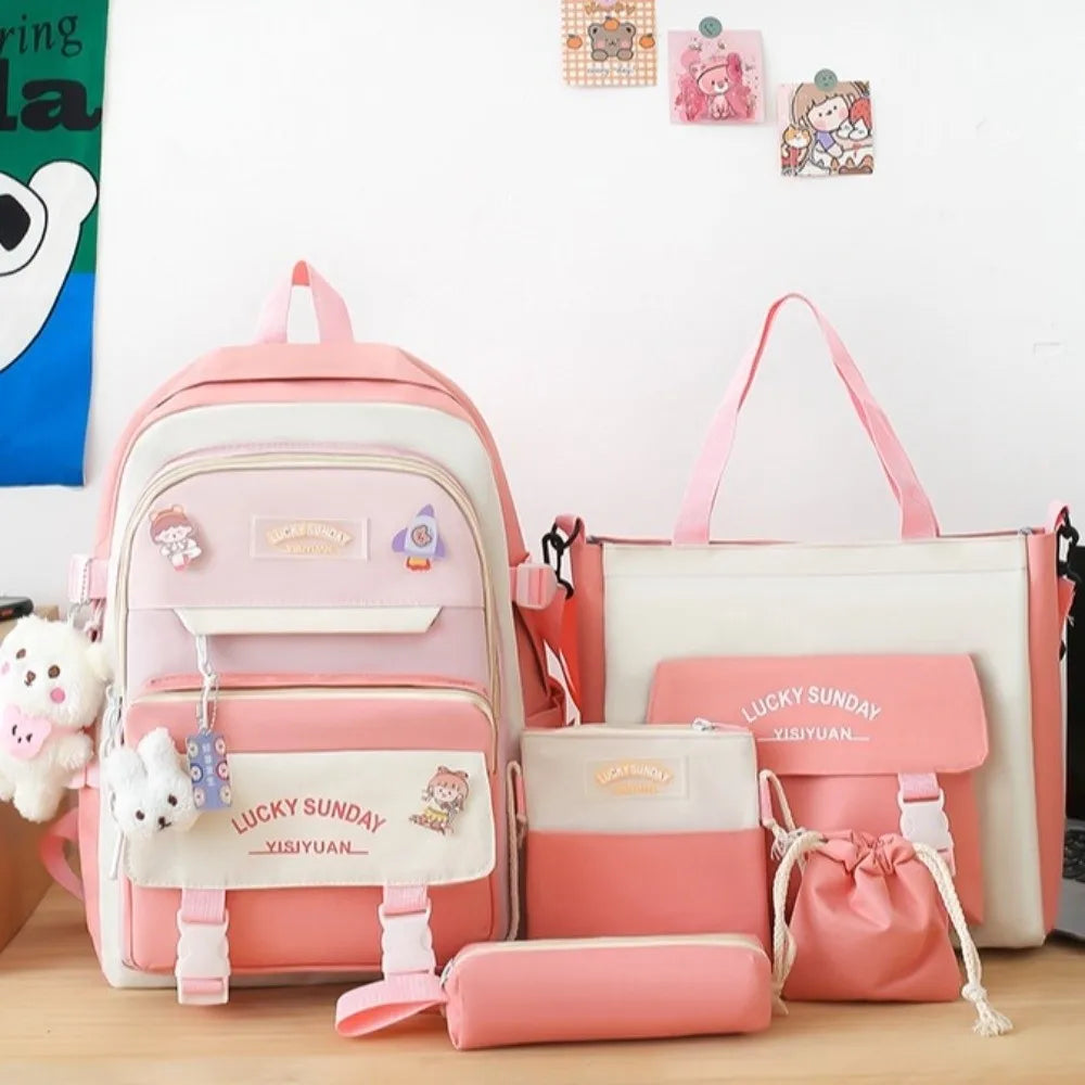 5 Pcs Cute Large Capacity Backpack Set Multifunctional Breathable Student Schoolbag Buckle Coin Purse School
