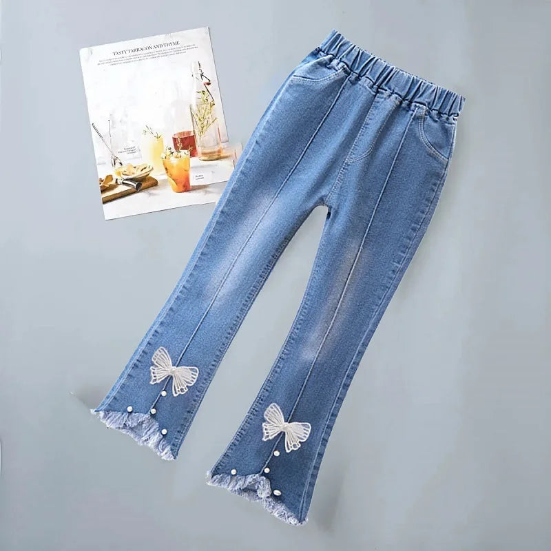 3-12 Year Old Girls' Jeans 2024 New Children's Fashion Lace Long Pants Sweet Korean Bow Flare Pants Loose Casual Pants