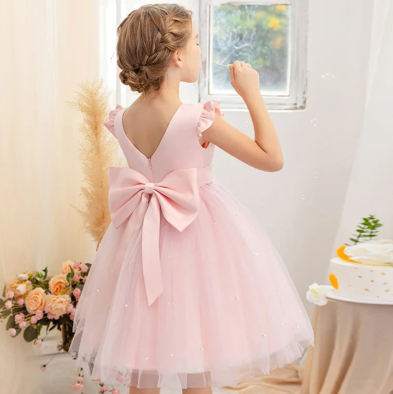 Baby Girl Party Dress Back Bow Elegant Flying Sleeve Mesh Tutu Dress with Pearl Solid Flower Girl Wedding Dress Birthday Gowns