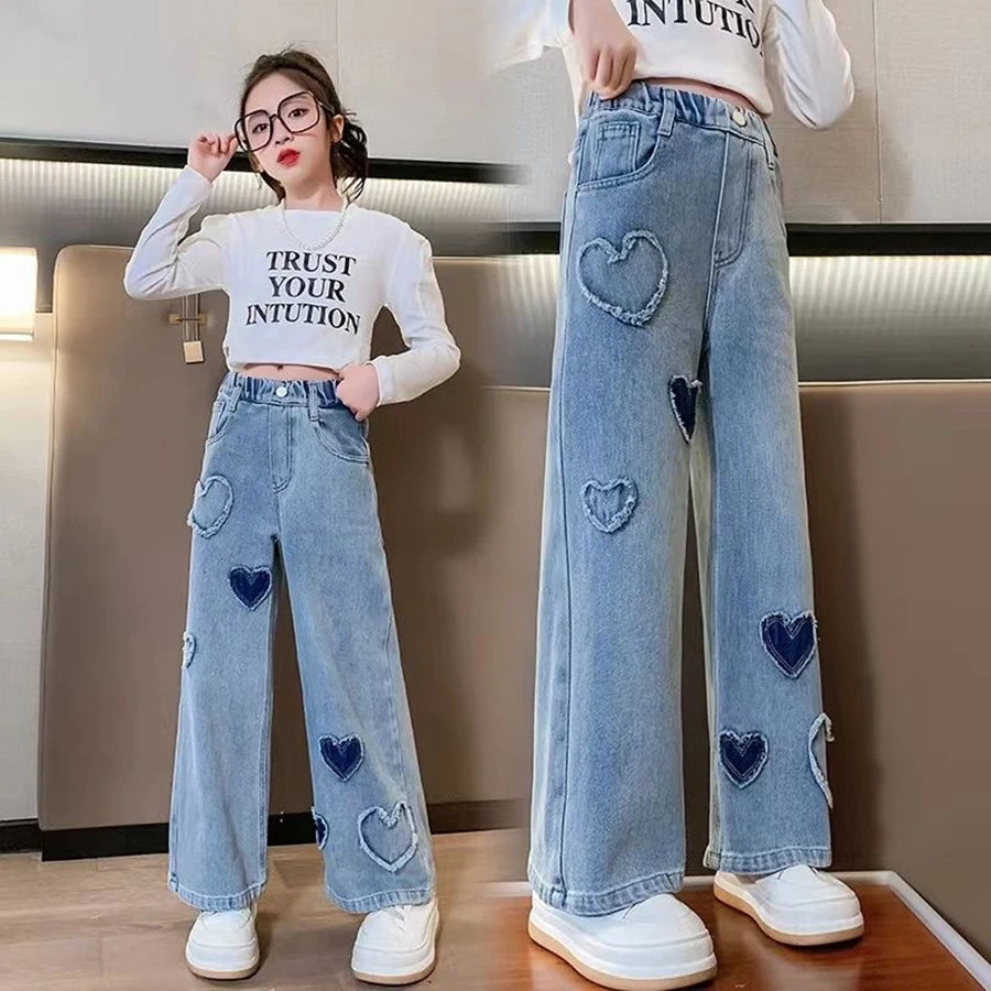 Girls' Heart Patch Jeans Spring 2025 New Stylish Children's Korean Fashion Long Pants for Girls Spring and Autumn Outerwear Pants