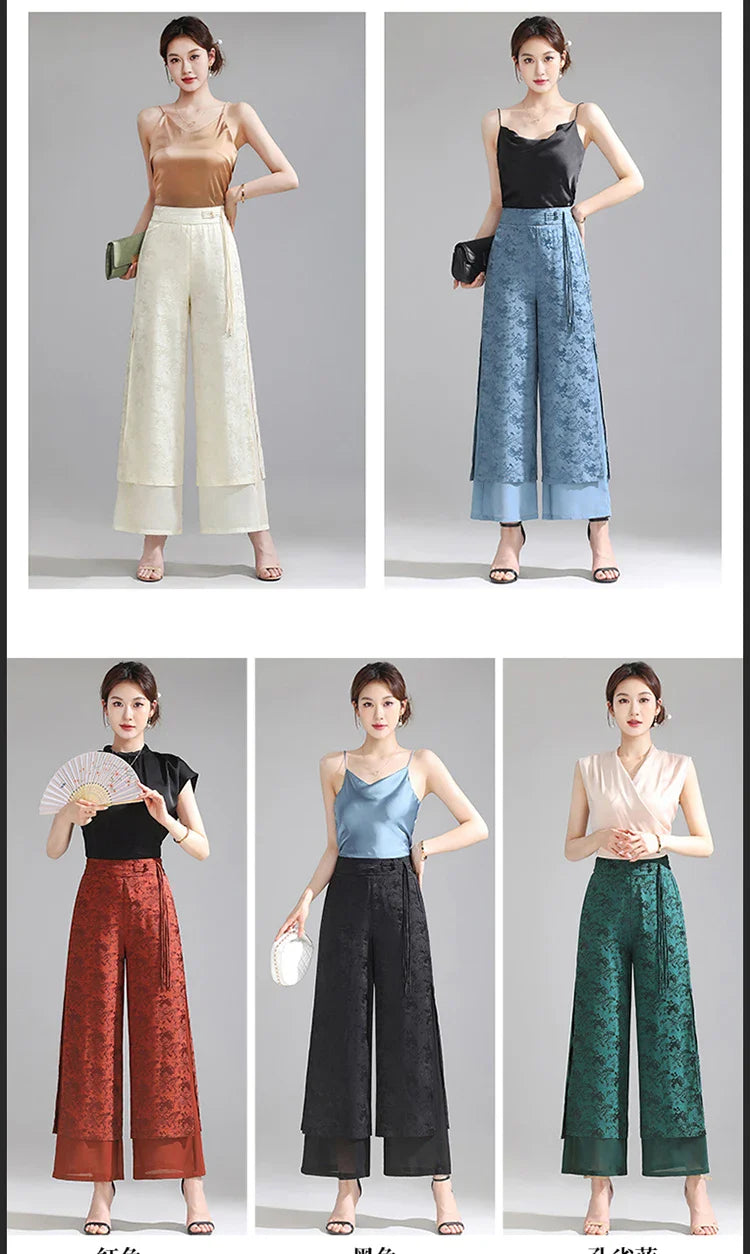 Chiffon Wide Wide Trousers Female Elegant Vintage New Pants Summer Thin Split Loose Skirt Pants Women Black Green