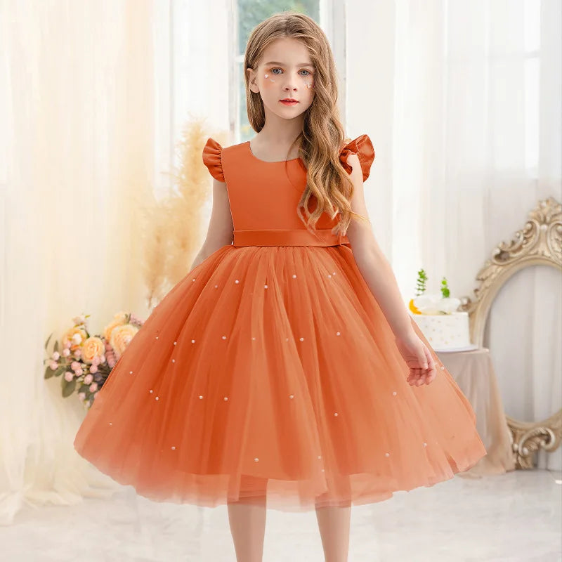 Baby Girl Party Dress Back Bow Elegant Flying Sleeve Mesh Tutu Dress with Pearl Solid Flower Girl Wedding Dress Birthday Gowns