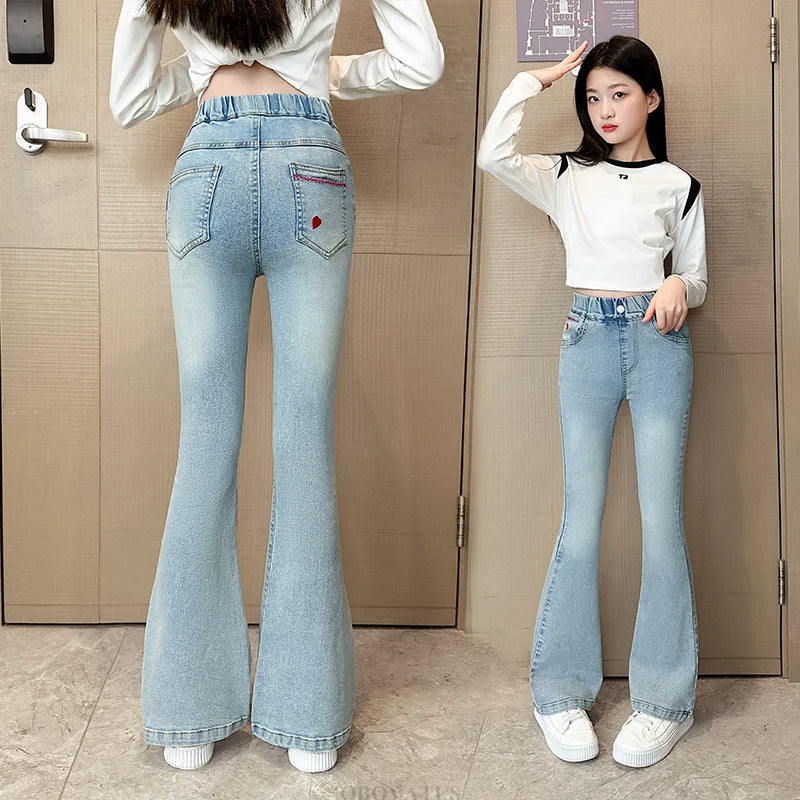 Child Slim Close-fitting Heart Pattern Flared Jeans For Girls Elegant Boot Cut Denim Leggings Pants Kids Fashion Jeans Trousers