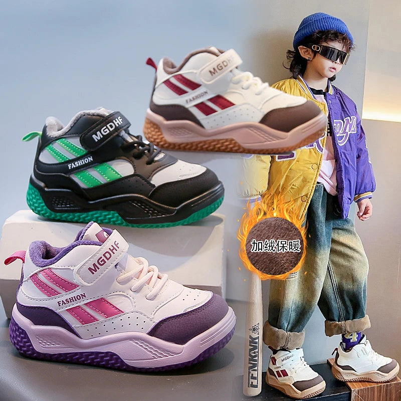 Boys' fleece sports shoes 2025 Winter new style warm children's anti-slip basketball shoes Girls' soft-soled two-cotton shoes
