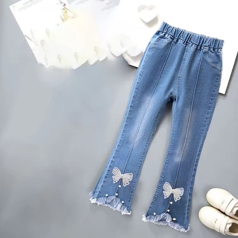 3-12 year old spring and autumn style stylish and breathable elastic girls' bell bottoms, solid color fashionable girls' jeans