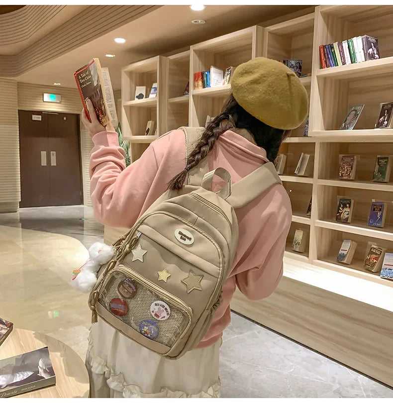 Casual Transparent Badge Large Capacity Commuter Backpack Suitable for Middle School Students Cute School Style Double Shoulder