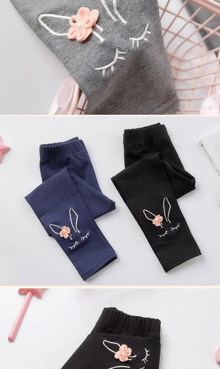 Bunny Embroidered Floral Leggings for Girls (2-7 Years) - Soft Stretchy Kids' Pants Cute Comfortable LeggingsToddlers & Children