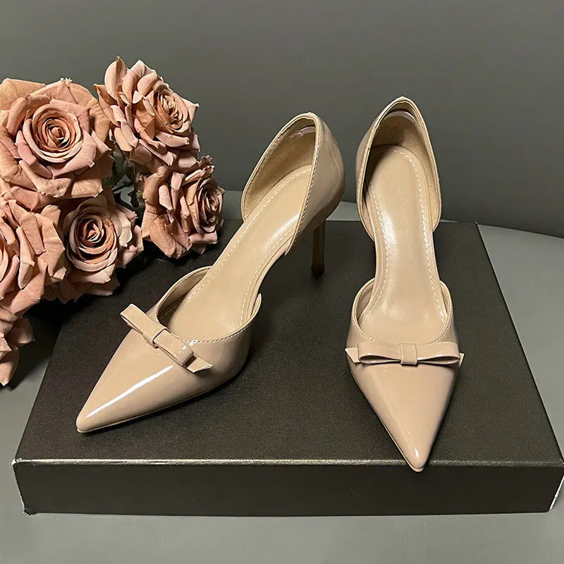 New Autumn Patent Leather Nude High Heels Thin Heel Pointed Bow Korean Version