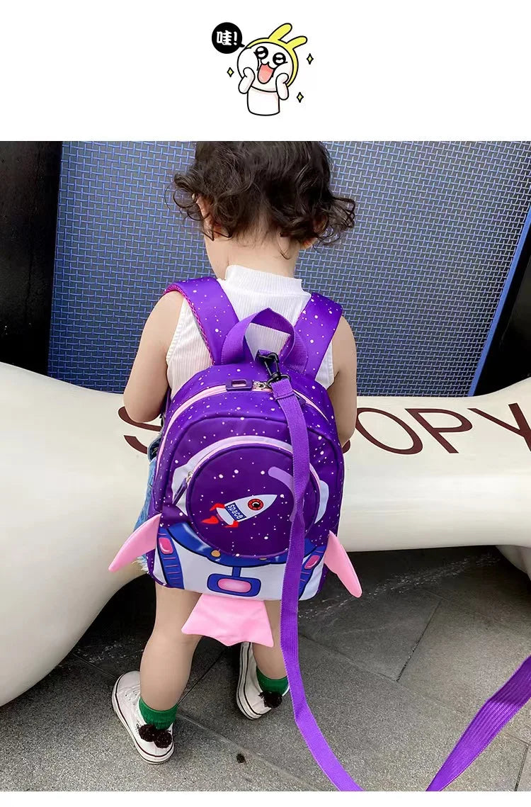 Kids Space Rocket Printed Children's Backpack Traction Rope Anti-lost Lightweight Kindergarten Schoolbag Early Education Bag