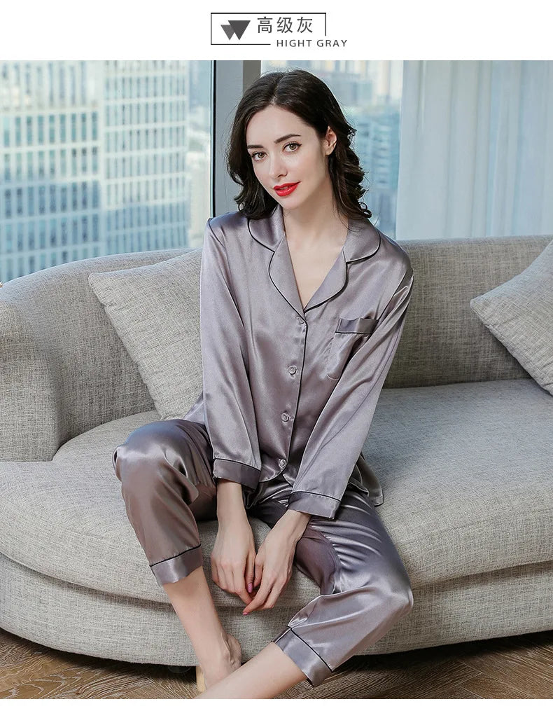 100% Mulberry Silk Pajamas Women Summer Winter Spring Long-sleeved Two-piece Couple Home Service Silk Pajamas For Lady