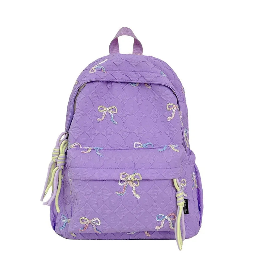 Fashion Embroidered Bow Backpack Nylon Large Capacity Students Schoolbag Multiple Pockets Wear-resistant Travel Rucksack
