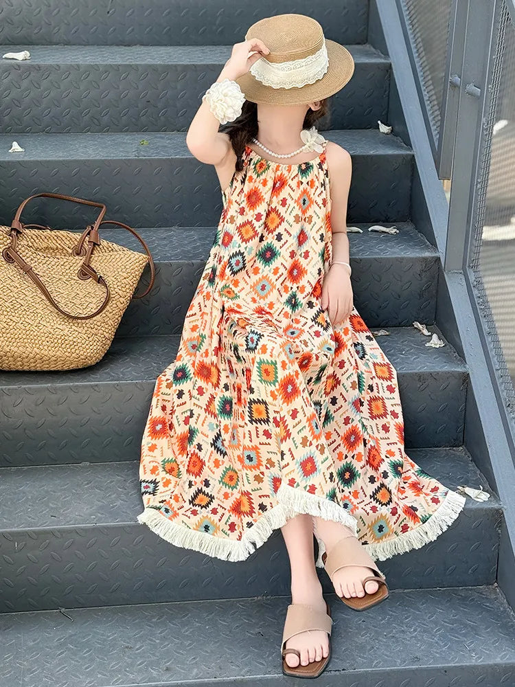 Girls' Summer Dress 2025 New Design for Children, Girls' Beach Bohemian Princess Dress for Older Kids.