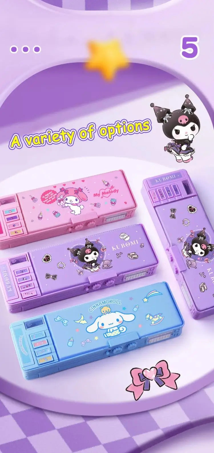 Sanrio Multifunction Stationery Box Kuromi Melody Cinnamoroll Bilayer Coded Lock Pencil Box Large Capacity Students Supply Gift
