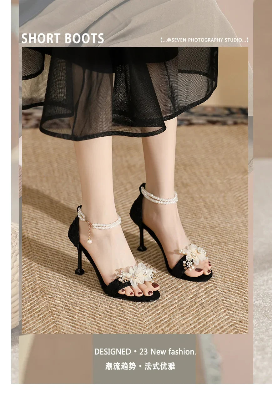 Small Size 31 -43 Women Peep Toe Sandals Wedding Heels Wide Fat Feet Shoes for Women Pearl Flower Bridal Shoes Zaptos Mujer