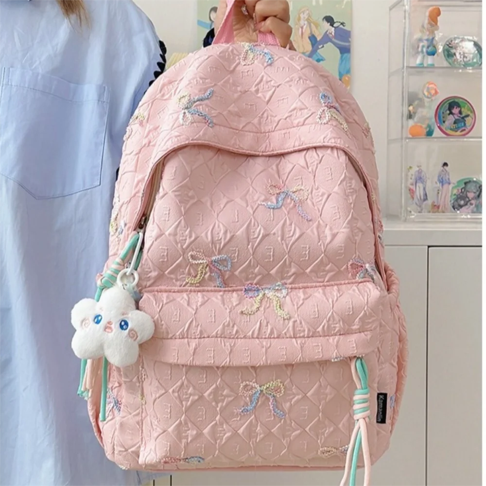 Fashion Embroidered Bow Backpack Nylon Large Capacity Students Schoolbag Multiple Pockets Wear-resistant Travel Rucksack