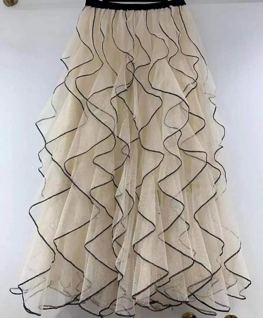 Women's Elegant Wave Pattern Fairy Mesh Ruffle Skirt High Waist A-Line Large Swing Long Skirt Half Body Skirts Ropa Para Mujer