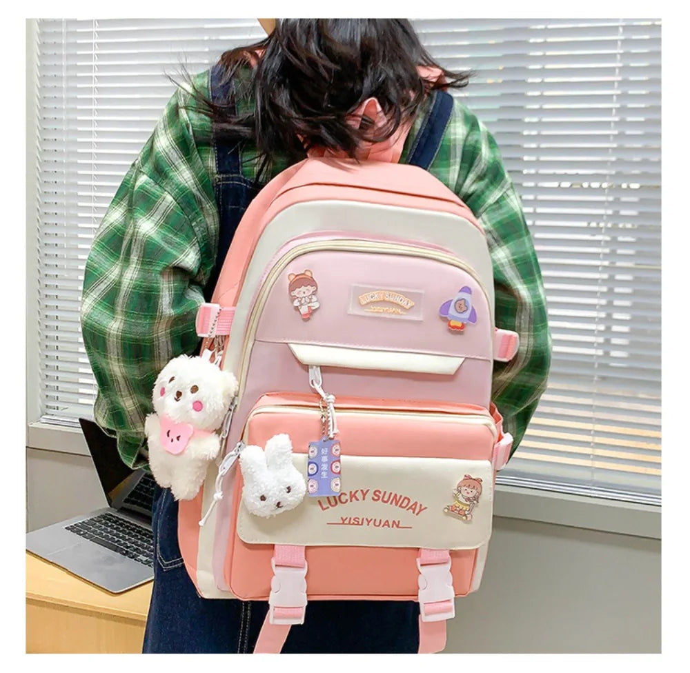 5 Pcs Cute Large Capacity Backpack Set Multifunctional Breathable Student Schoolbag Buckle Coin Purse School