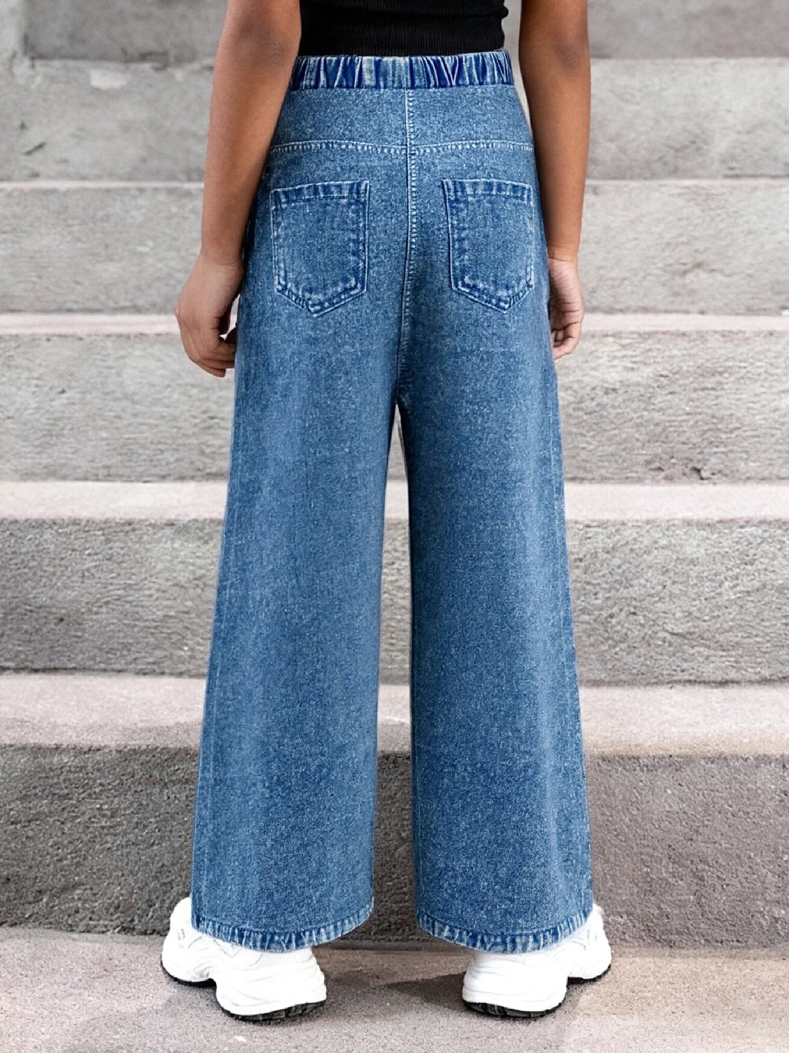 2025Girls' Y2K Butterfly Print Ripped Faux Jeans High-Rise Elastic Waist Loose Wide-Leg Faux Jeans