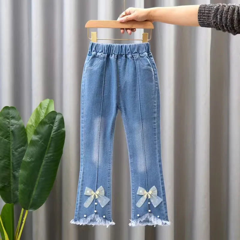 Girls Blue Jeans for Children's Fashion Clothing Princess Kids Denim Wide-leg Pants Baby Teens Girl Flared Bow Applique Trousers