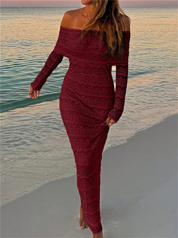 Cutenew Slash Neck Dress Women Sexy See Through Lapel Backless Full Sleeve Vacation Beach Party Elegant Skinny Maxi Vestidos