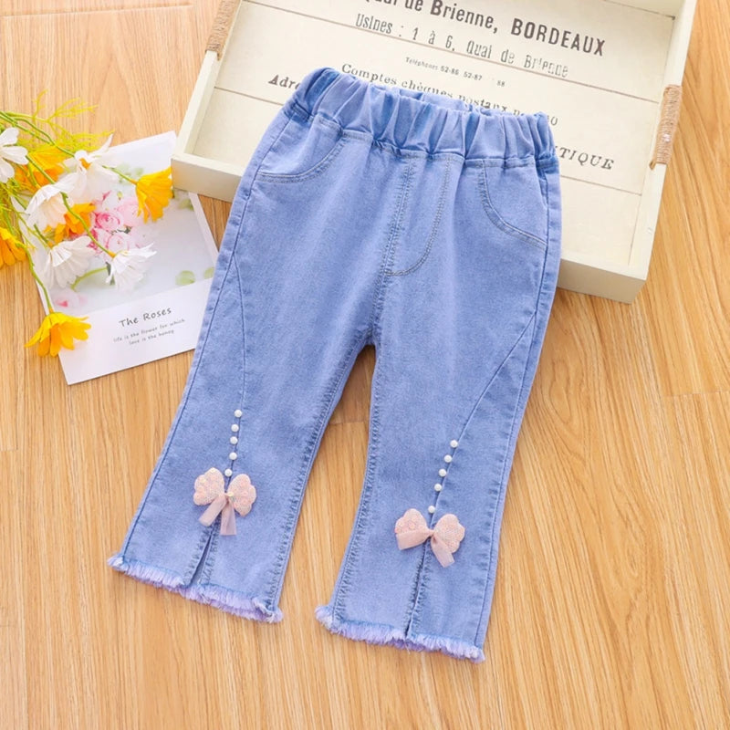 Kids Girls Children Jeans Autumn Spring Cute Bowknot Long Pants Fashion Casual Trousers Baby Girls Denim Pants