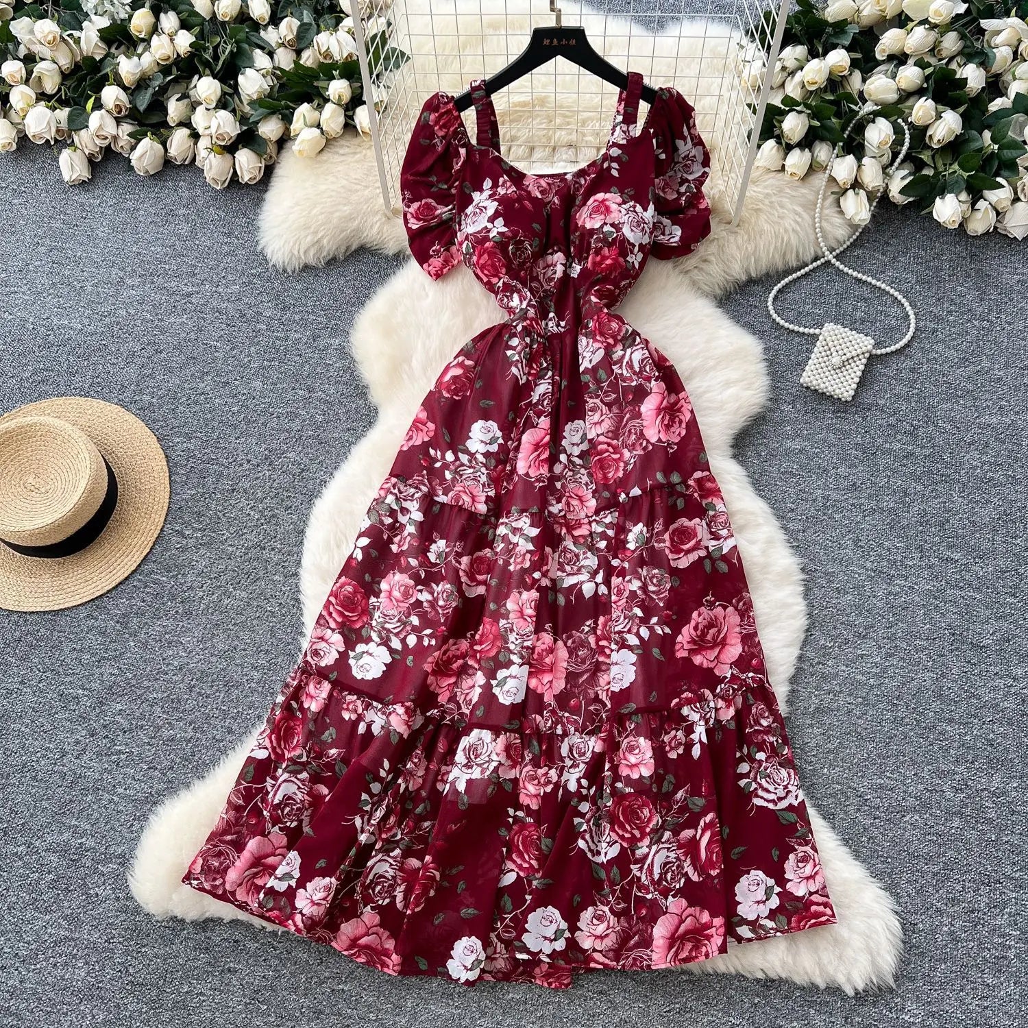 Summer 2025 French Style New Fashion Women's Elegant Trendy Printed Short Puff Sleeve Ankle Length Slim Dresses Female Clothes
