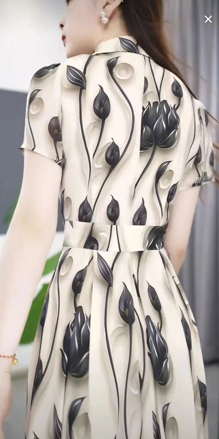 Women's Exquisite Printed Short Sleeved Dress 2024 Summer New Elegant And Beautiful Medium-length Shirt Skirt Mother's Outfit