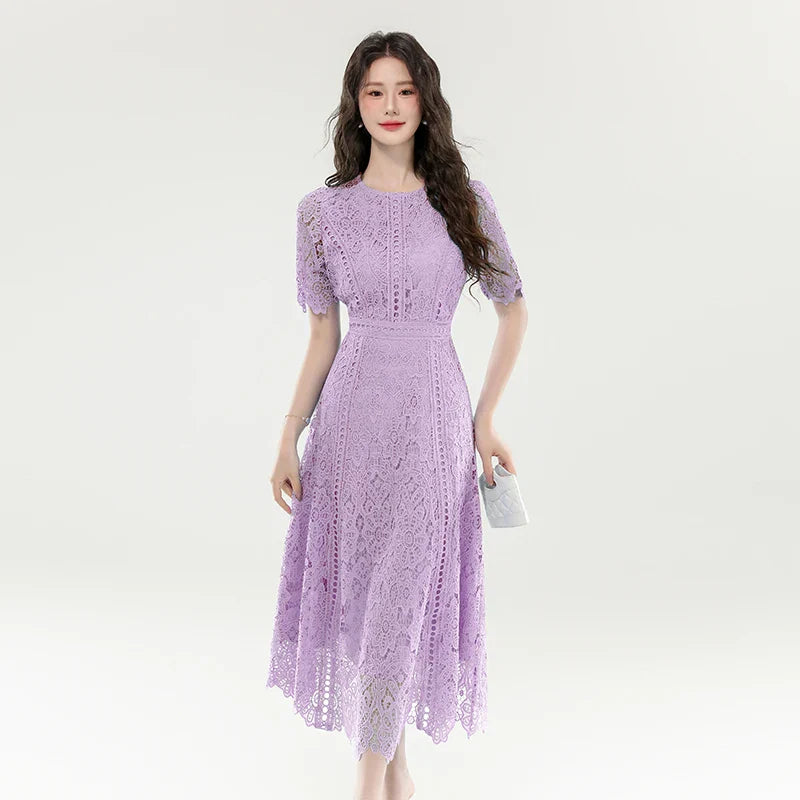 High Quality Lace Hollow Out Women Long Elegant Office Dress Summer French Chic Casual Vintage Purple Short Sleeve A-line Dress