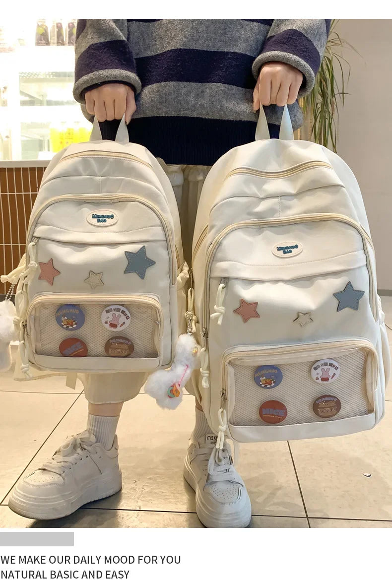 Casual Transparent Badge Large Capacity Commuter Backpack Suitable for Middle School Students Cute School Style Double Shoulder
