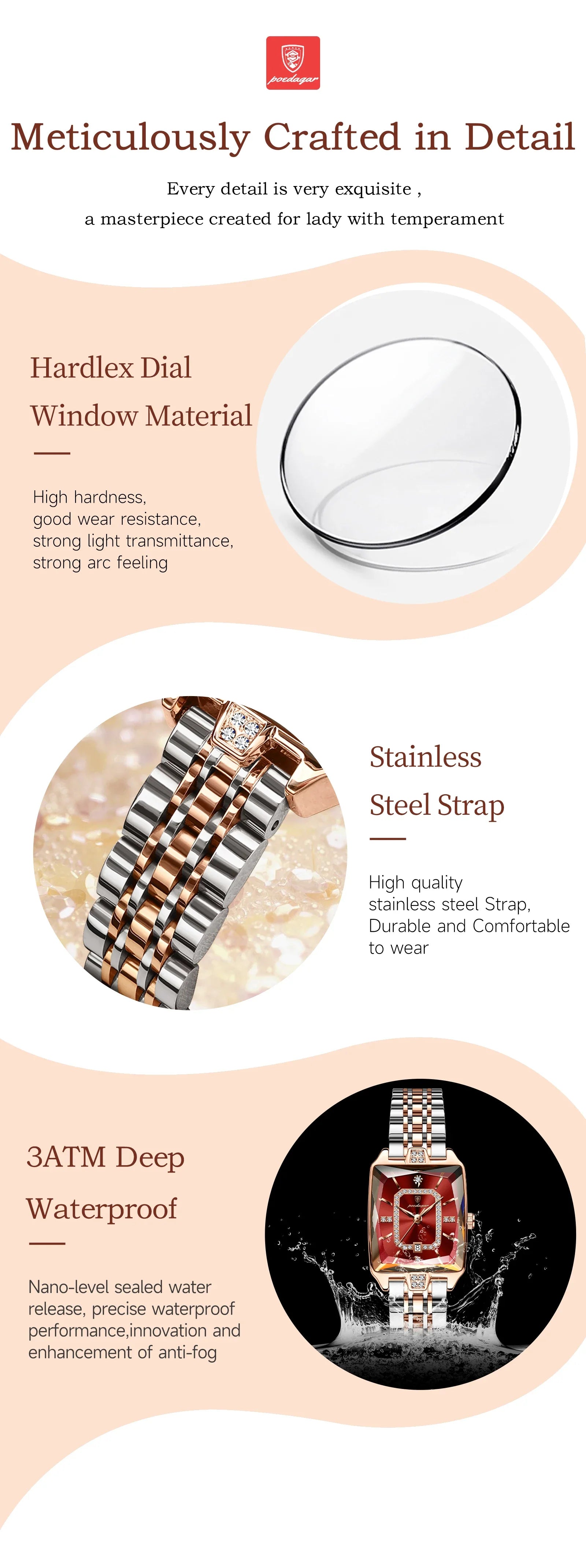 POEDAGAR Luxury Watch For Woman Elegant Waterproof Calendar Ladies Watch Rectangle Stainless Steel Quartz Women's Watches Female