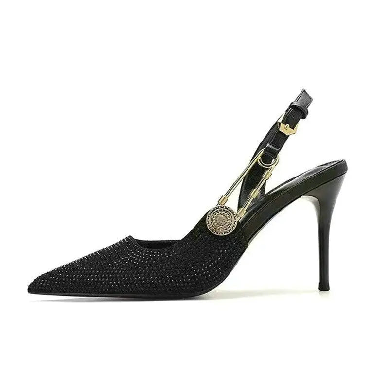 2025 Pointed-Toe Diamond High Heels For Women, Black Tight French Sexy Luxury Hollow Sandals
