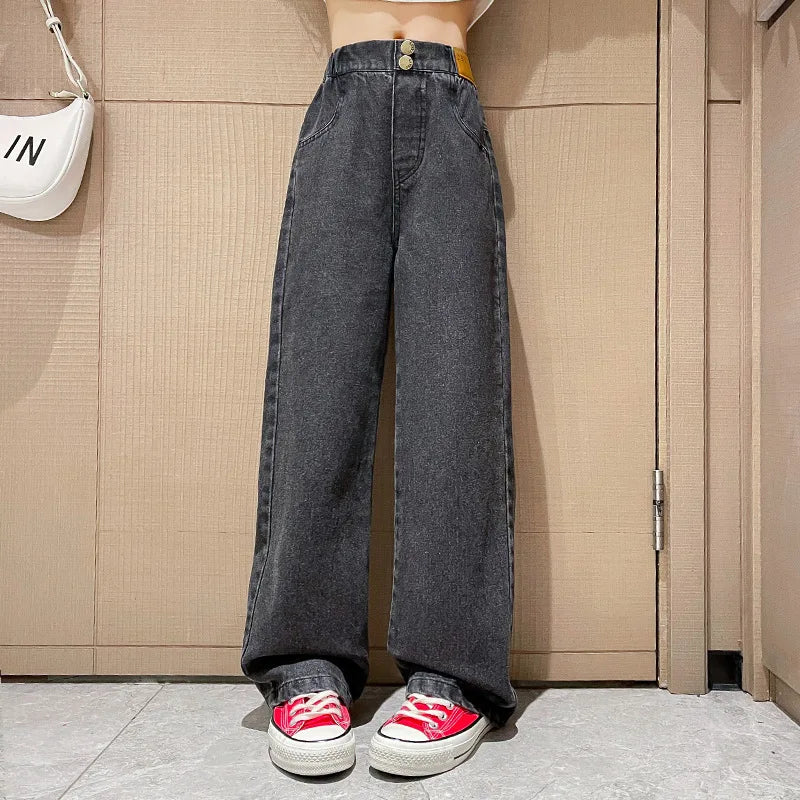 Jeans for Girls 2024 New Fashion Cartoon Printed Long Denim Trousers Teens Kids Cute Dog Pattern Wide Leg Pants 5 7 9 11 13 14Y