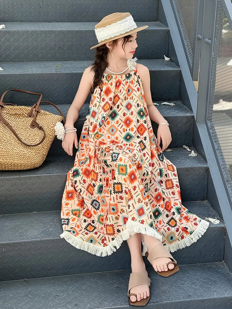 Girls' Summer Dress 2025 New Design for Children, Girls' Beach Bohemian Princess Dress for Older Kids.