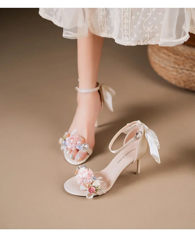 Summer Fashion Shoes Woman Pumps Open Toe Satin Flower Bow Buckle High Heels Ladies Sandals Women's Dress Wedding Party Shoes