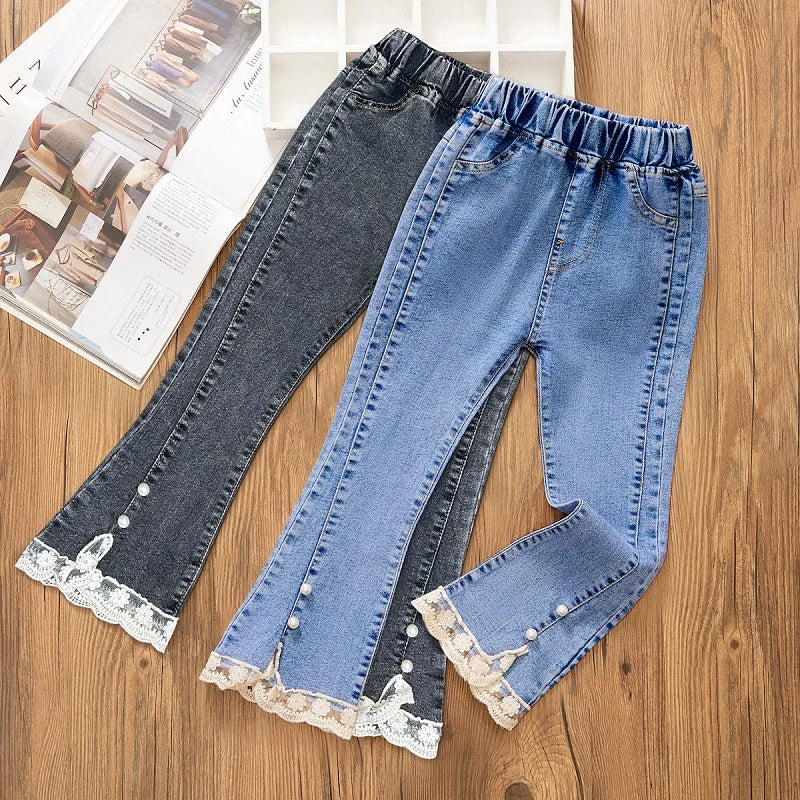 3-12 Year Old Girls' Jeans 2024 New Children's Fashion Lace Long Pants Sweet Korean Bow Flare Pants Loose Casual Pants