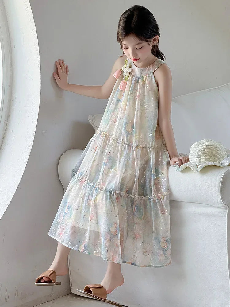 Princ Sle Floral Print Summer Dr for Girls Children's Clothing Big Kids Beach Vaion Skirt Breathable Soft Fabric