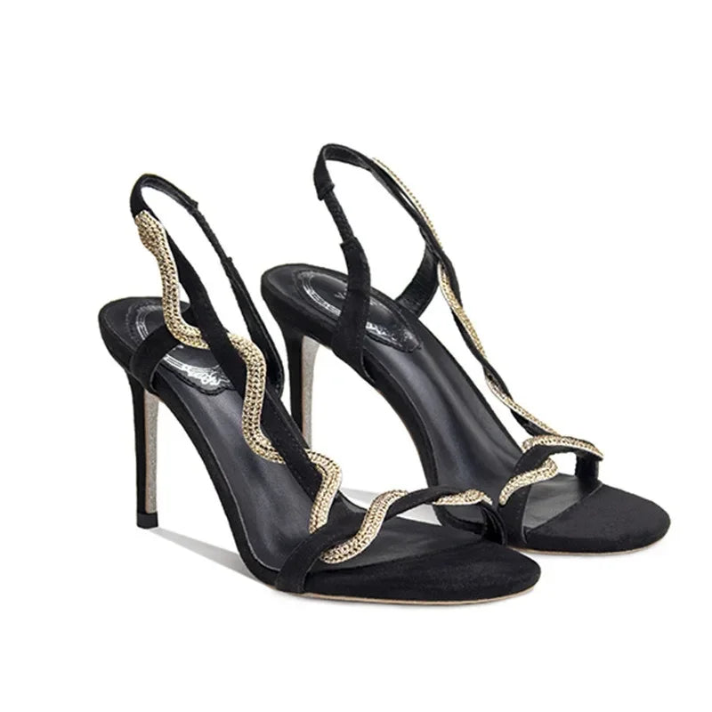 2025 Female New Serpentine Line With Fine Heel French Sandals Female Summer Drill Side Empty Sexy Open-Toed High Heels