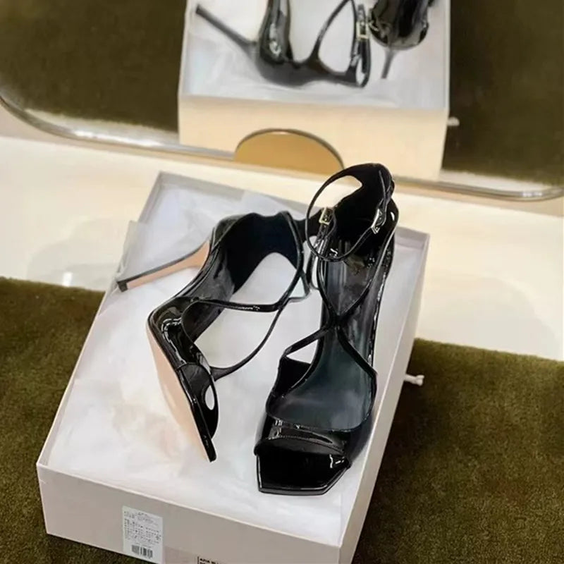 Fashion Patent Leather Peep toe Women Gladiator Sandals Sexy Narrow band Ankle Strap Gold Stiletto High heels Summer Party Shoes
