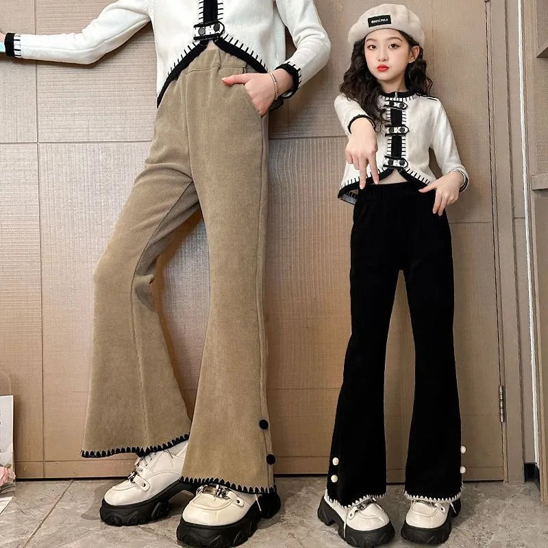 Girl's Autumn Winter New Mid-Weight Flared Jeans with Integrated Fleece-Lining, Stylish Casual Pants for Tween Girls