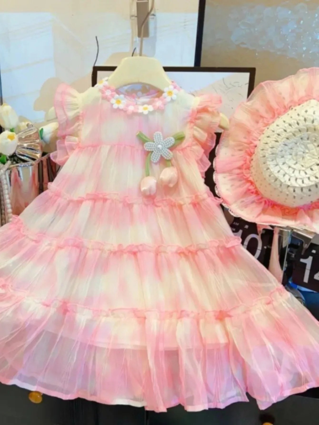 Girls’ Lightweight Summer Dress with Matching Sun Hat – Ombre-Print Chiffon-Look Outfit with Detachable Floral Accent