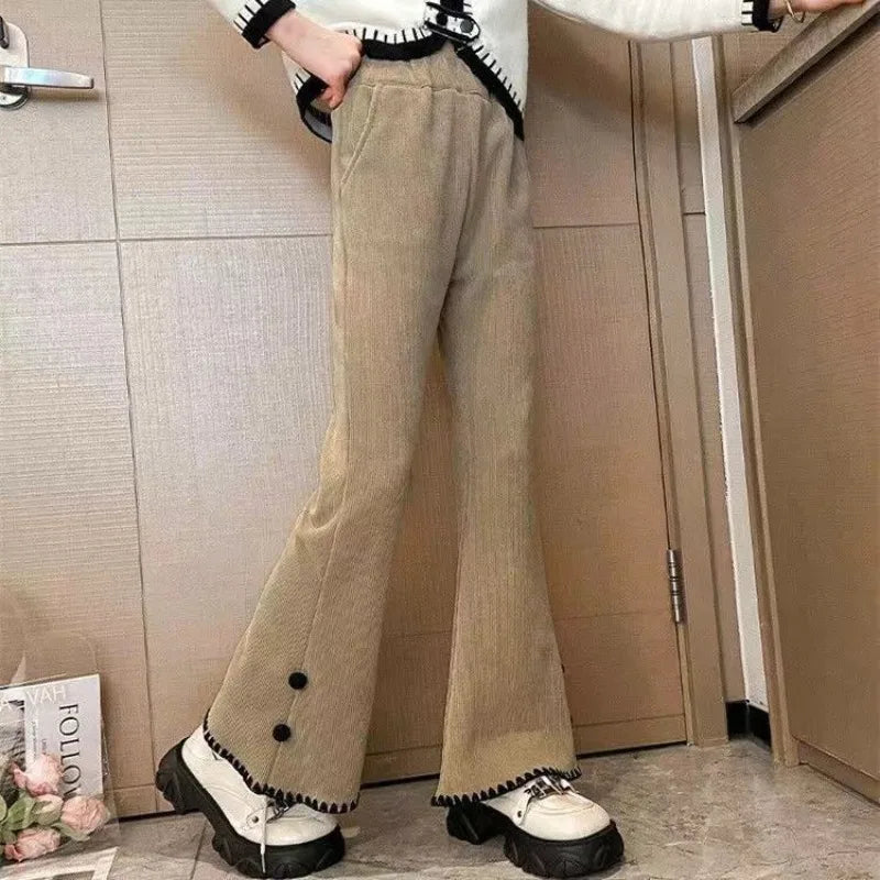 Girl's Autumn Winter New Mid-Weight Flared Jeans with Integrated Fleece-Lining, Stylish Casual Pants for Tween Girls