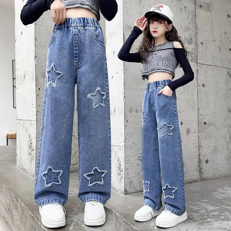 2-12 Years Spring  Autumn Girls Jeans Pentagram Decoration Long Denim Pants For Kids Children Outdoor Wear Straight Trousers