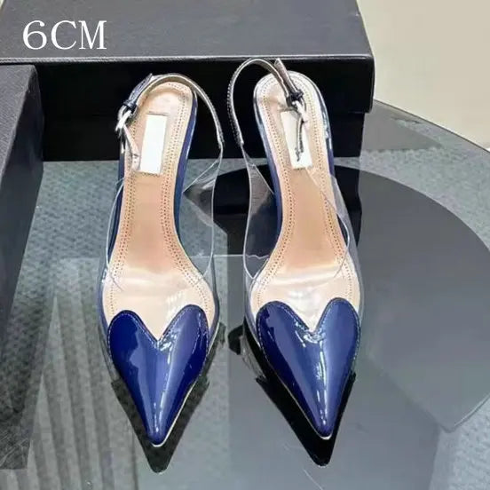 2025 New Pointy Peach Heart Fine Heel Shoes Sexy Pvc Transparent Film Black Patent Leather High Heel Overhead Sandals