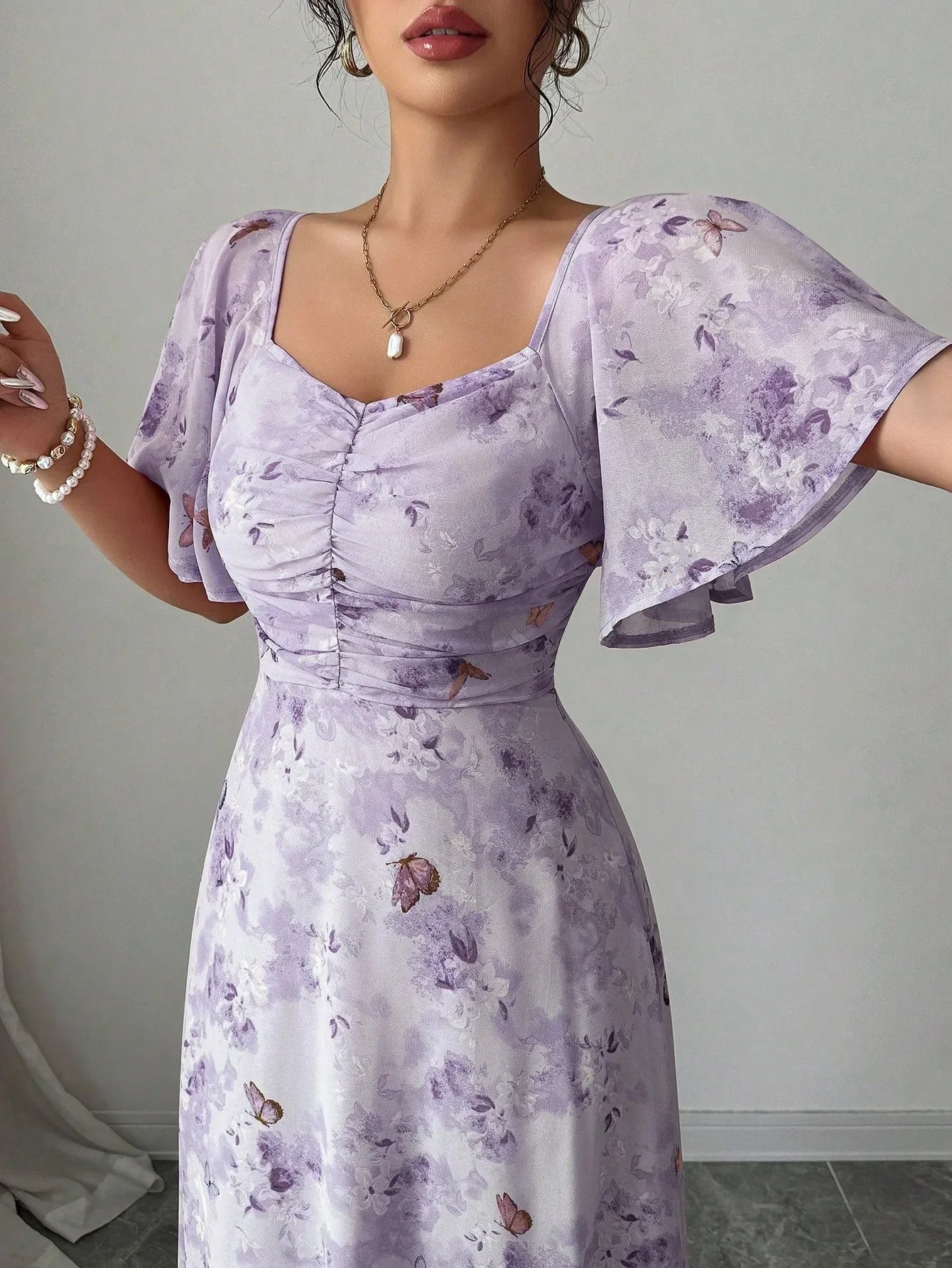 Fashionable Long Floral Print Dress Women's New Summer Slimming Age-Defying Dress Empire Waist Bubble Sleeve Knee-Length