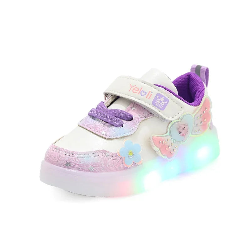 Disney LED Casual Pink Purple For Spring Girls Frozen Elsa Princess Print Outdoor Children Lighted Non-slip Shoes Size 22-31